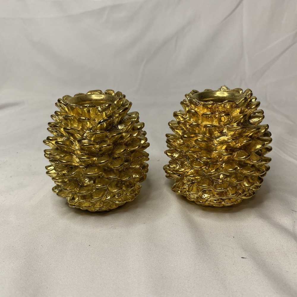 Set Of 2 Department 56 Gold‎ Tone Pine Cone Taper Candle Holders Christmas